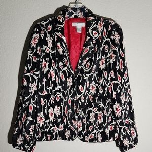 Savvy Rafael Womens Blazer Size 14 Black Red Floral Velvet Jacket Runched Retro